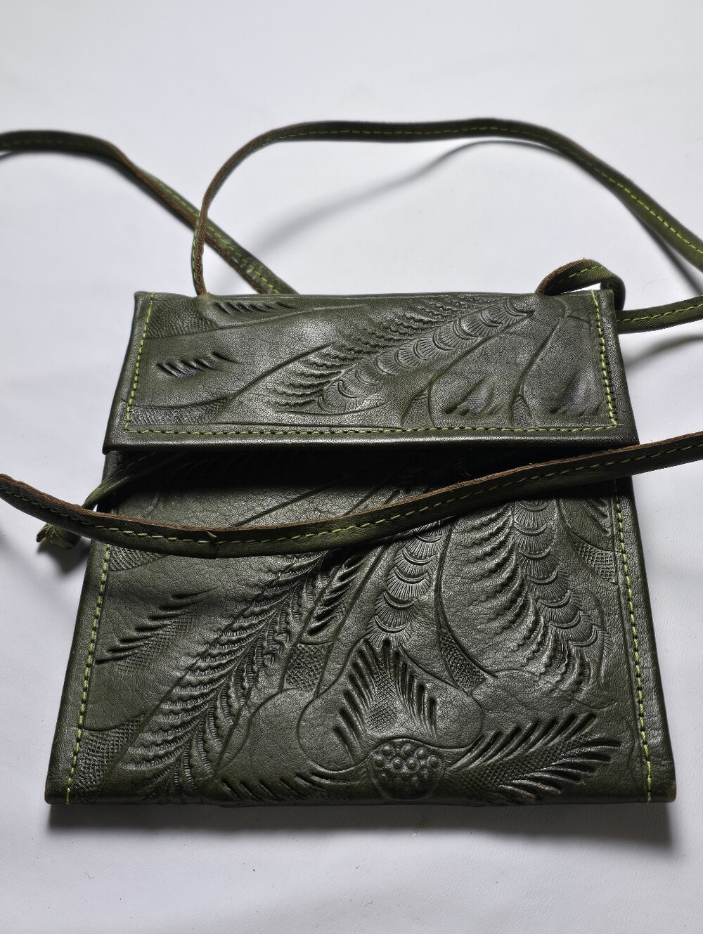 Hand-Tooled Olive Green Leather Crossbody Bag
